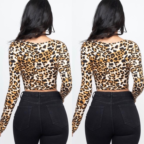 LEOPARD PRINT LONG SLEEVE RUCHED CROPPED TOP SHIRT - Picture 5 of 6